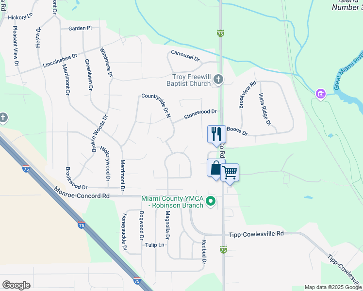 map of restaurants, bars, coffee shops, grocery stores, and more near 2788 Silver Maple Court in Troy