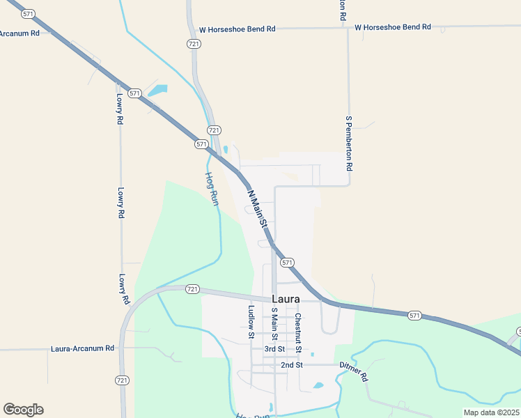 map of restaurants, bars, coffee shops, grocery stores, and more near 120 North Main Street in Laura