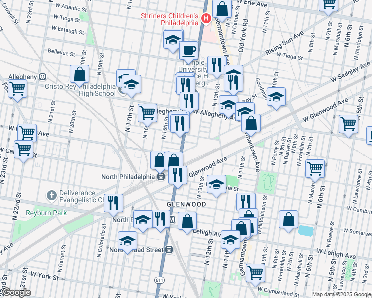 map of restaurants, bars, coffee shops, grocery stores, and more near 3019 North Broad Street in Philadelphia