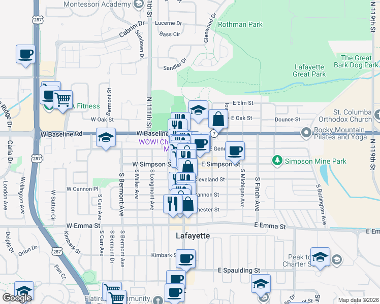 map of restaurants, bars, coffee shops, grocery stores, and more near 123 North Harrison Avenue in Lafayette