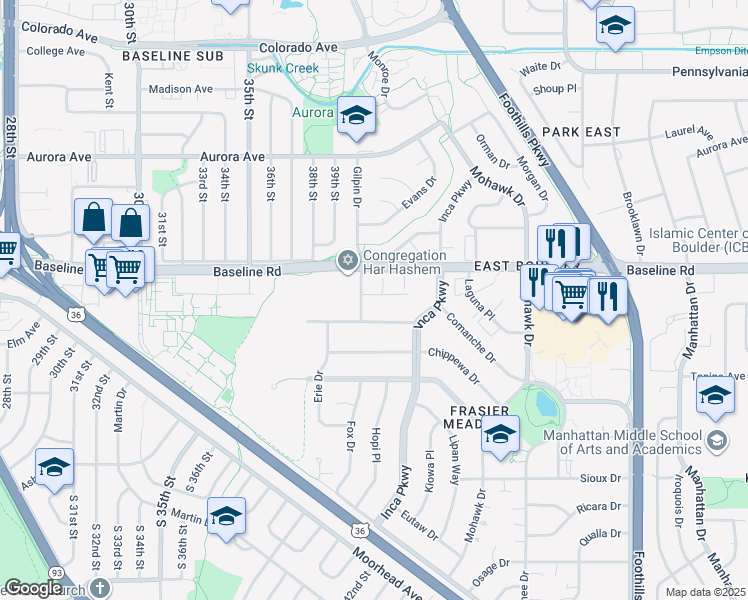 map of restaurants, bars, coffee shops, grocery stores, and more near 636 Meadowbrook Drive in Boulder