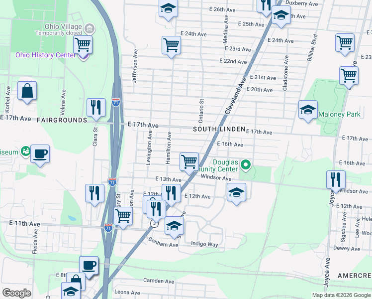 map of restaurants, bars, coffee shops, grocery stores, and more near 1076 East 15th Avenue in Columbus