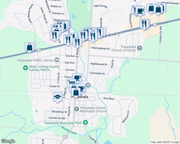 map of restaurants, bars, coffee shops, grocery stores, and more near 30 Coronado Drive in Pataskala