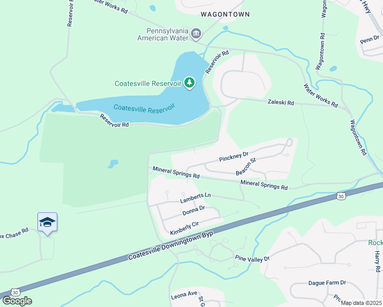 map of restaurants, bars, coffee shops, grocery stores, and more near 555 Country Club Road in Coatesville