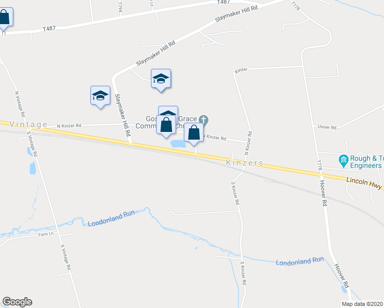 map of restaurants, bars, coffee shops, grocery stores, and more near 3568 Lincoln Highway in Kinzers