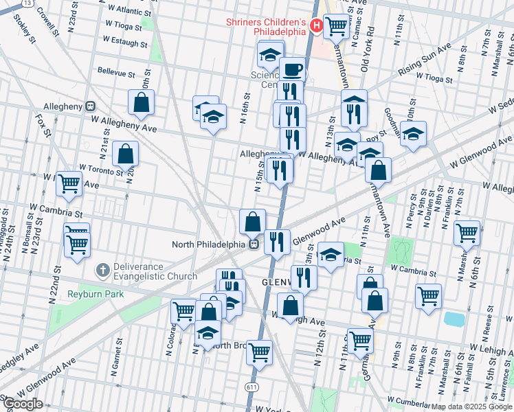 map of restaurants, bars, coffee shops, grocery stores, and more near 1448 West Mayfield Street in Philadelphia