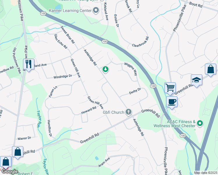 map of restaurants, bars, coffee shops, grocery stores, and more near 1238 Ashbridge Road in West Chester