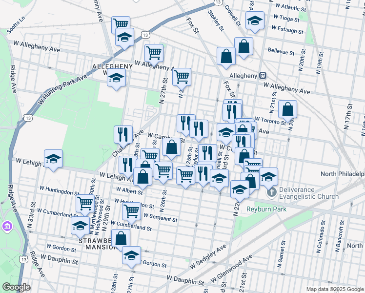 map of restaurants, bars, coffee shops, grocery stores, and more near 2852 North Stillman Street in Philadelphia