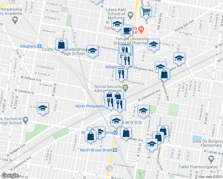 map of restaurants, bars, coffee shops, grocery stores, and more near 1448 West Mayfield Street in Philadelphia