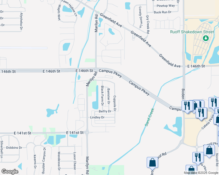 map of restaurants, bars, coffee shops, grocery stores, and more near 14438 Banister Drive in Noblesville