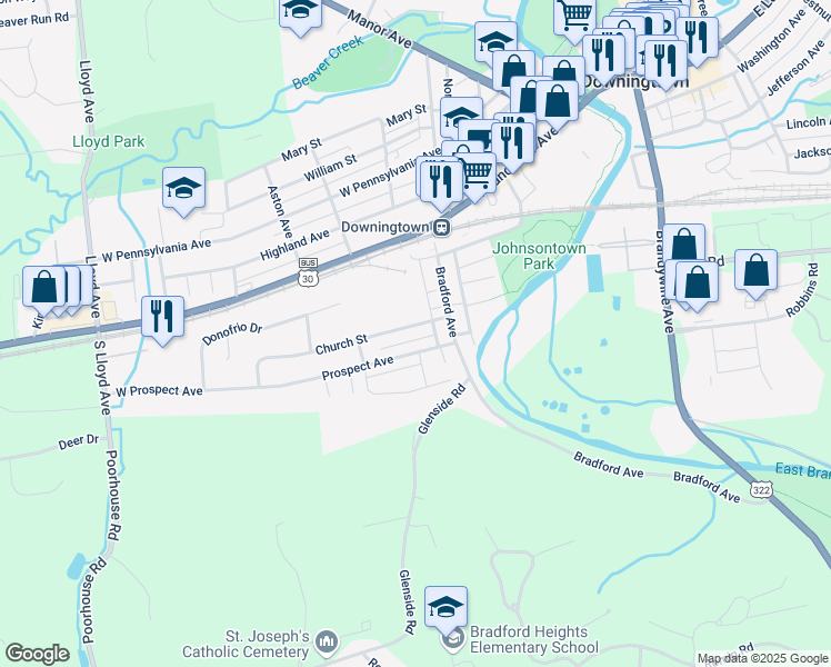 map of restaurants, bars, coffee shops, grocery stores, and more near 248 Church Street in Downingtown