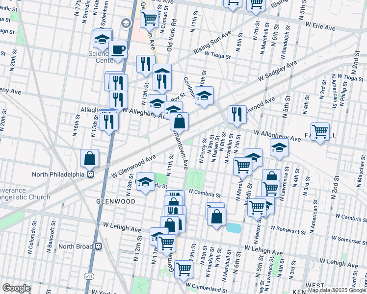 map of restaurants, bars, coffee shops, grocery stores, and more near 3061 Germantown Avenue in Philadelphia