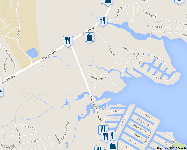 map of restaurants, bars, coffee shops, grocery stores, and more near 915 Waters Edge Drive in Toms River