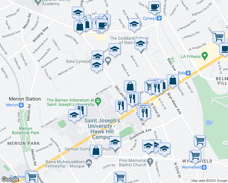 map of restaurants, bars, coffee shops, grocery stores, and more near 40 Old Lancaster Road in Merion Station