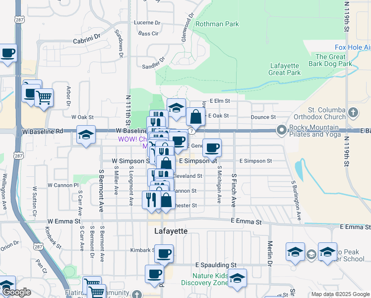 map of restaurants, bars, coffee shops, grocery stores, and more near 208 East Geneseo Street in Lafayette