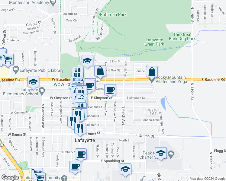 map of restaurants, bars, coffee shops, grocery stores, and more near 410 East Geneseo Street in Lafayette