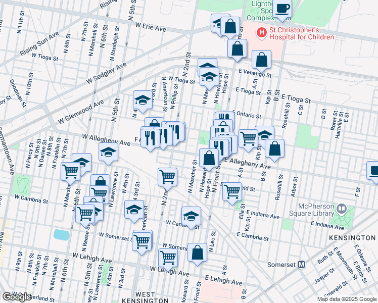 map of restaurants, bars, coffee shops, grocery stores, and more near 169 West Allegheny Avenue in Philadelphia