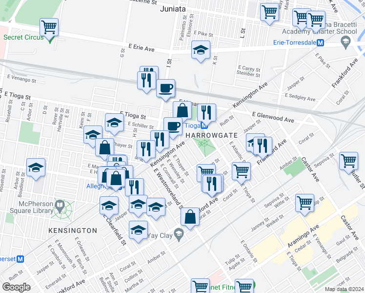 map of restaurants, bars, coffee shops, grocery stores, and more near 3407 Kensington Avenue in Philadelphia