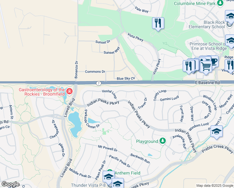 map of restaurants, bars, coffee shops, grocery stores, and more near 3435 Vestal Loop in Broomfield