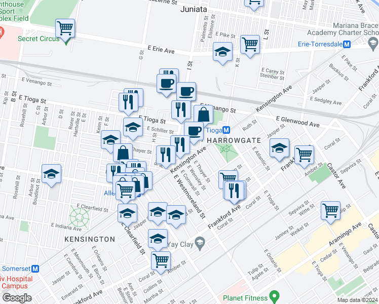 map of restaurants, bars, coffee shops, grocery stores, and more near 3353 Potter Street in Philadelphia