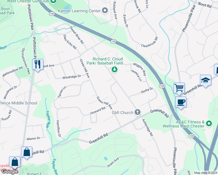 map of restaurants, bars, coffee shops, grocery stores, and more near 613 Howard Road in West Chester