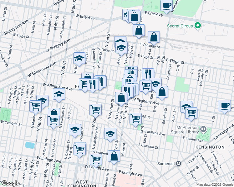 map of restaurants, bars, coffee shops, grocery stores, and more near 129-59 West Allegheny Avenue in Philadelphia