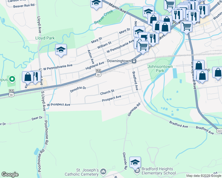map of restaurants, bars, coffee shops, grocery stores, and more near 285 Church Street in Downingtown
