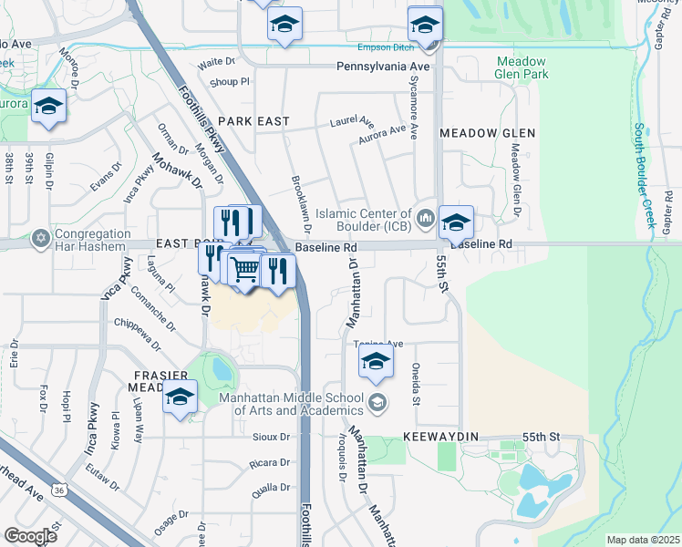 map of restaurants, bars, coffee shops, grocery stores, and more near 665 Manhattan Drive in Boulder