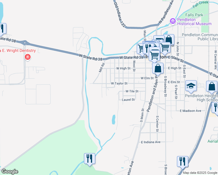 map of restaurants, bars, coffee shops, grocery stores, and more near Adams Street in Pendleton