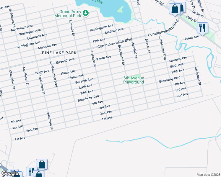 map of restaurants, bars, coffee shops, grocery stores, and more near 1532 Fifth Avenue in Toms River
