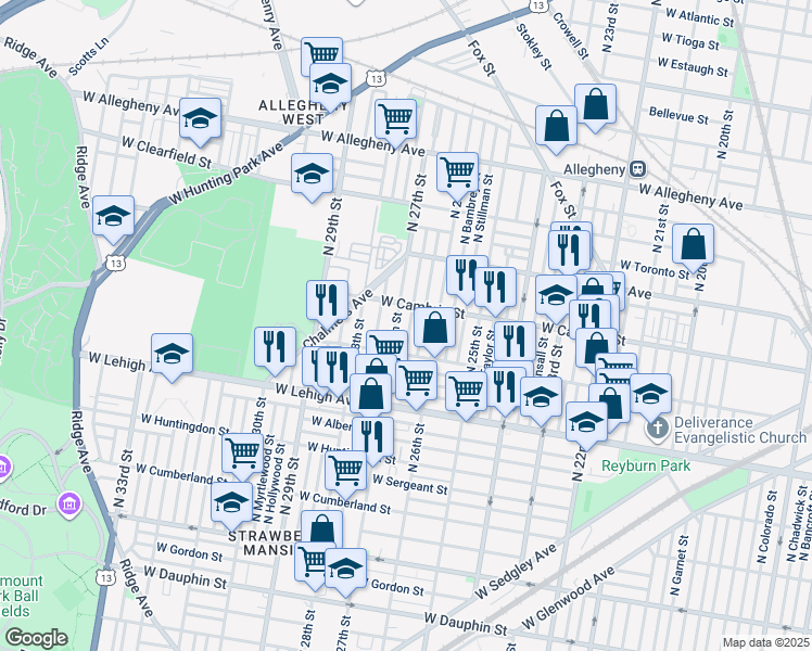 map of restaurants, bars, coffee shops, grocery stores, and more near 2840 North Taney Street in Philadelphia