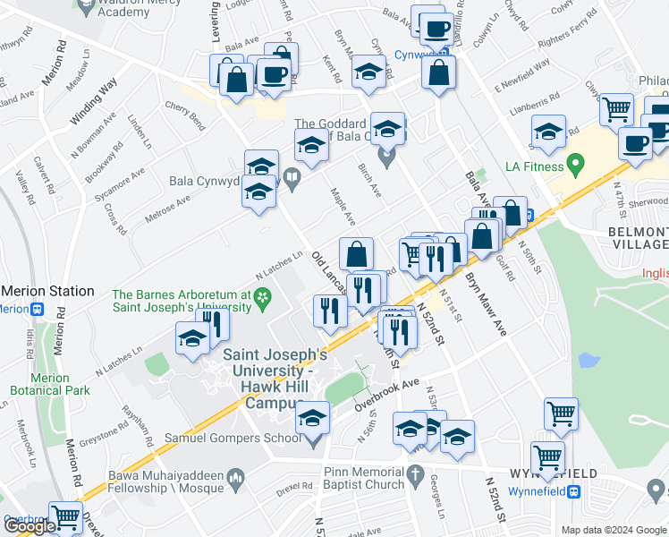 map of restaurants, bars, coffee shops, grocery stores, and more near 33 Old Lancaster Road in Bala Cynwyd