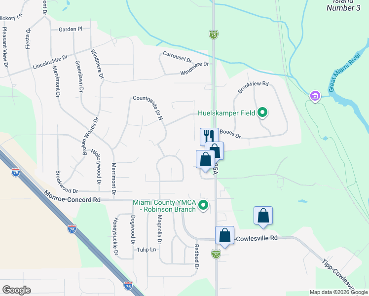map of restaurants, bars, coffee shops, grocery stores, and more near 2765 Silver Maple Court in Troy
