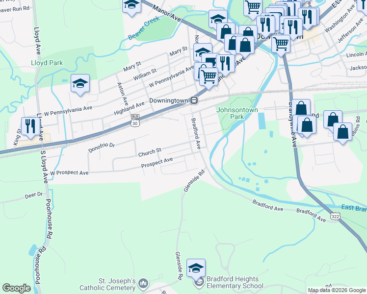 map of restaurants, bars, coffee shops, grocery stores, and more near 221 Prospect Avenue in Downingtown