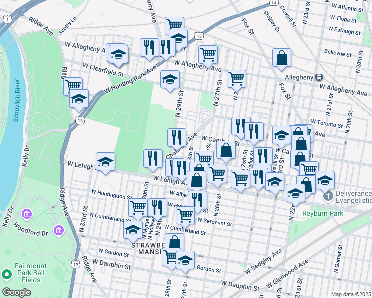 map of restaurants, bars, coffee shops, grocery stores, and more near 2821 North Newkirk Street in Philadelphia