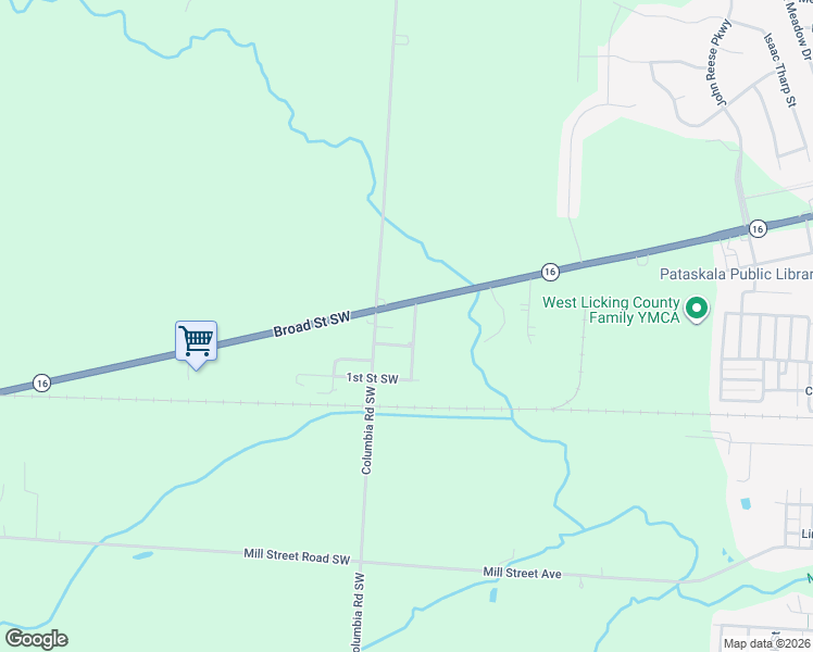 map of restaurants, bars, coffee shops, grocery stores, and more near 55 Railroad Street Southwest in Pataskala