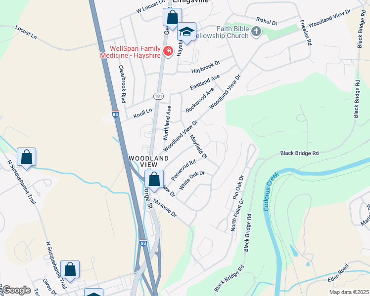 map of restaurants, bars, coffee shops, grocery stores, and more near 73 Woodward Drive in York