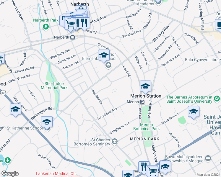 map of restaurants, bars, coffee shops, grocery stores, and more near 606 Zollinger Way in Merion Station
