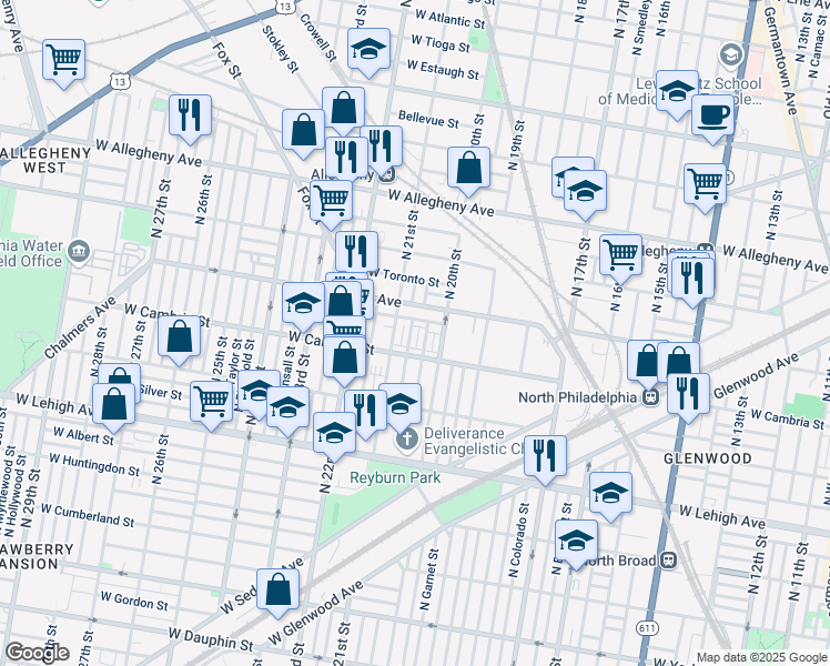 map of restaurants, bars, coffee shops, grocery stores, and more near 2929 North Lambert Street in Philadelphia