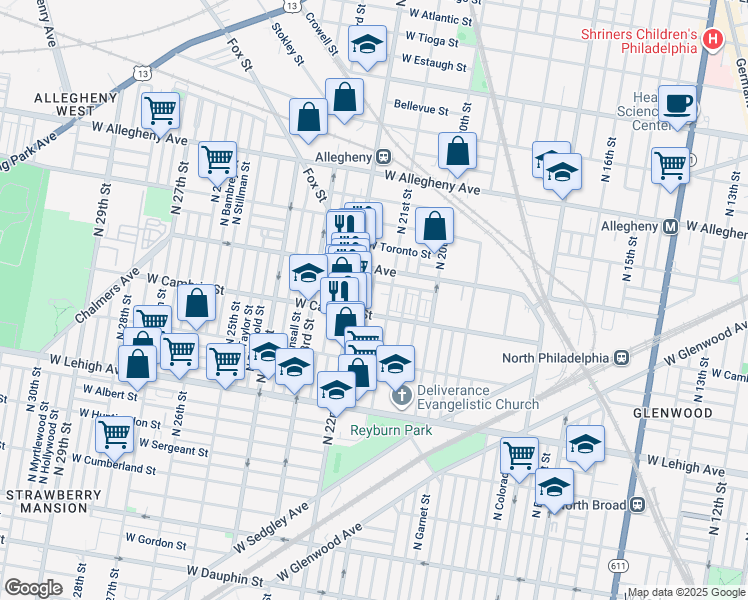map of restaurants, bars, coffee shops, grocery stores, and more near 2921 North Van Pelt Street in Philadelphia
