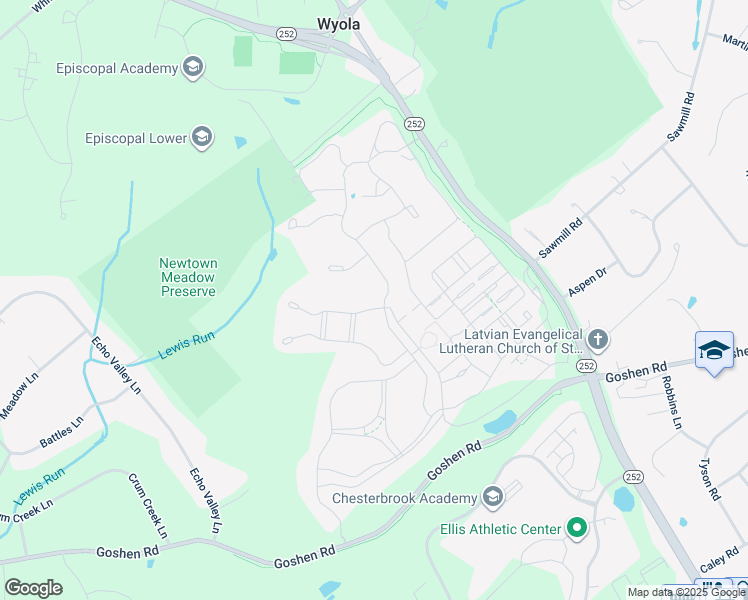 map of restaurants, bars, coffee shops, grocery stores, and more near 3801 Woodland Drive in Newtown Square