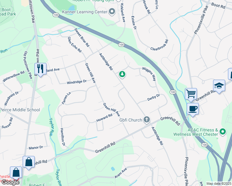 map of restaurants, bars, coffee shops, grocery stores, and more near 613 Howard Road in West Chester