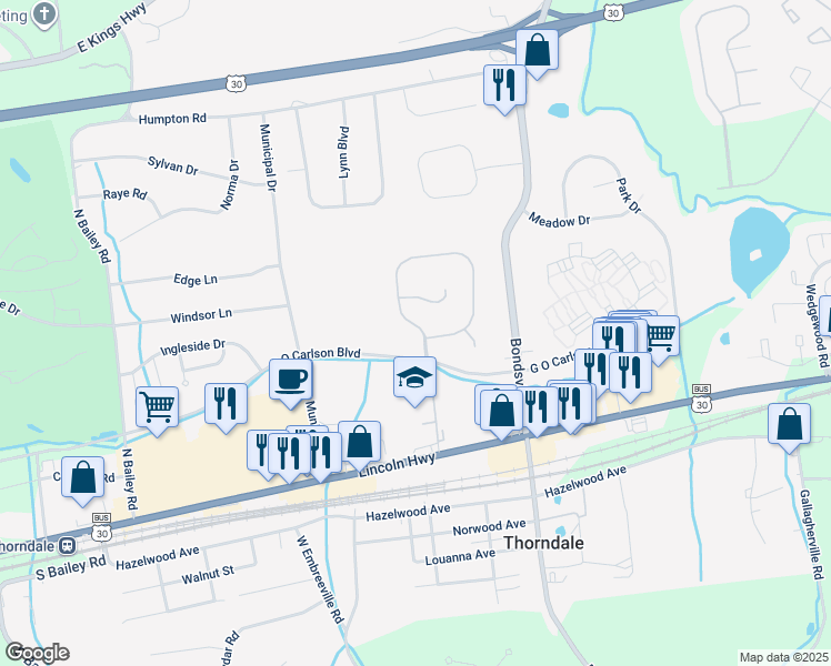 map of restaurants, bars, coffee shops, grocery stores, and more near 266 Thornridge Drive in Thorndale