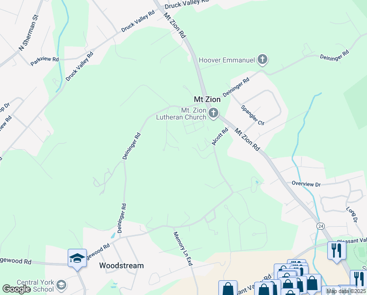 map of restaurants, bars, coffee shops, grocery stores, and more near 2990 Deininger Road in York