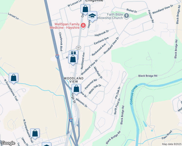 map of restaurants, bars, coffee shops, grocery stores, and more near 73 Woodward Drive in York