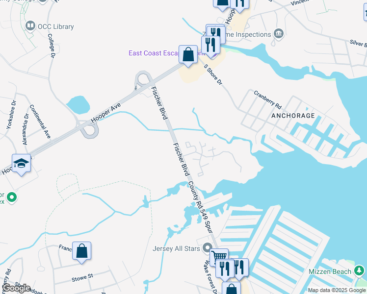 map of restaurants, bars, coffee shops, grocery stores, and more near 1319 Waters Edge Drive in Toms River