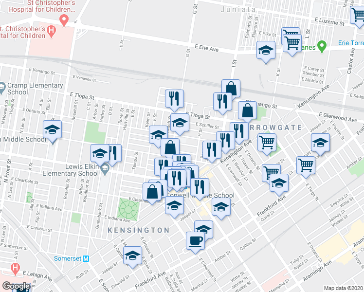 map of restaurants, bars, coffee shops, grocery stores, and more near 818 East Thayer Street in Philadelphia