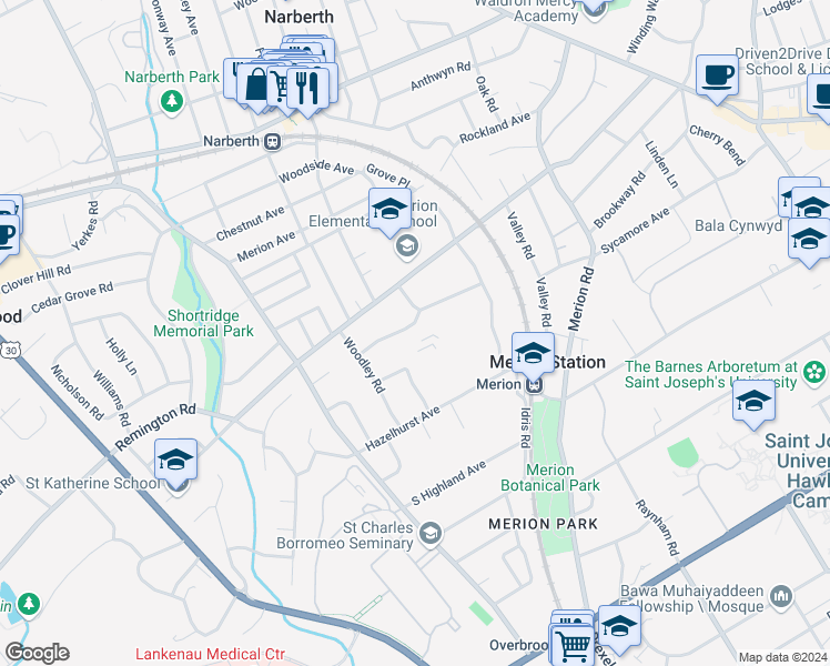 map of restaurants, bars, coffee shops, grocery stores, and more near 606 Zollinger Way in Merion Station