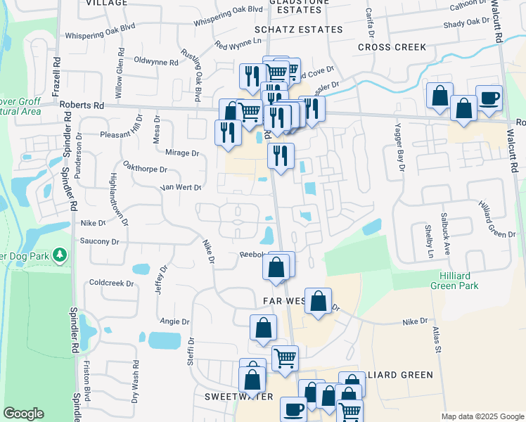 map of restaurants, bars, coffee shops, grocery stores, and more near 5514 Blue Lagoon Lane in Hilliard