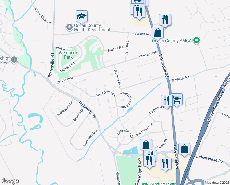 map of restaurants, bars, coffee shops, grocery stores, and more near 105 Fox Glove Run in Toms River